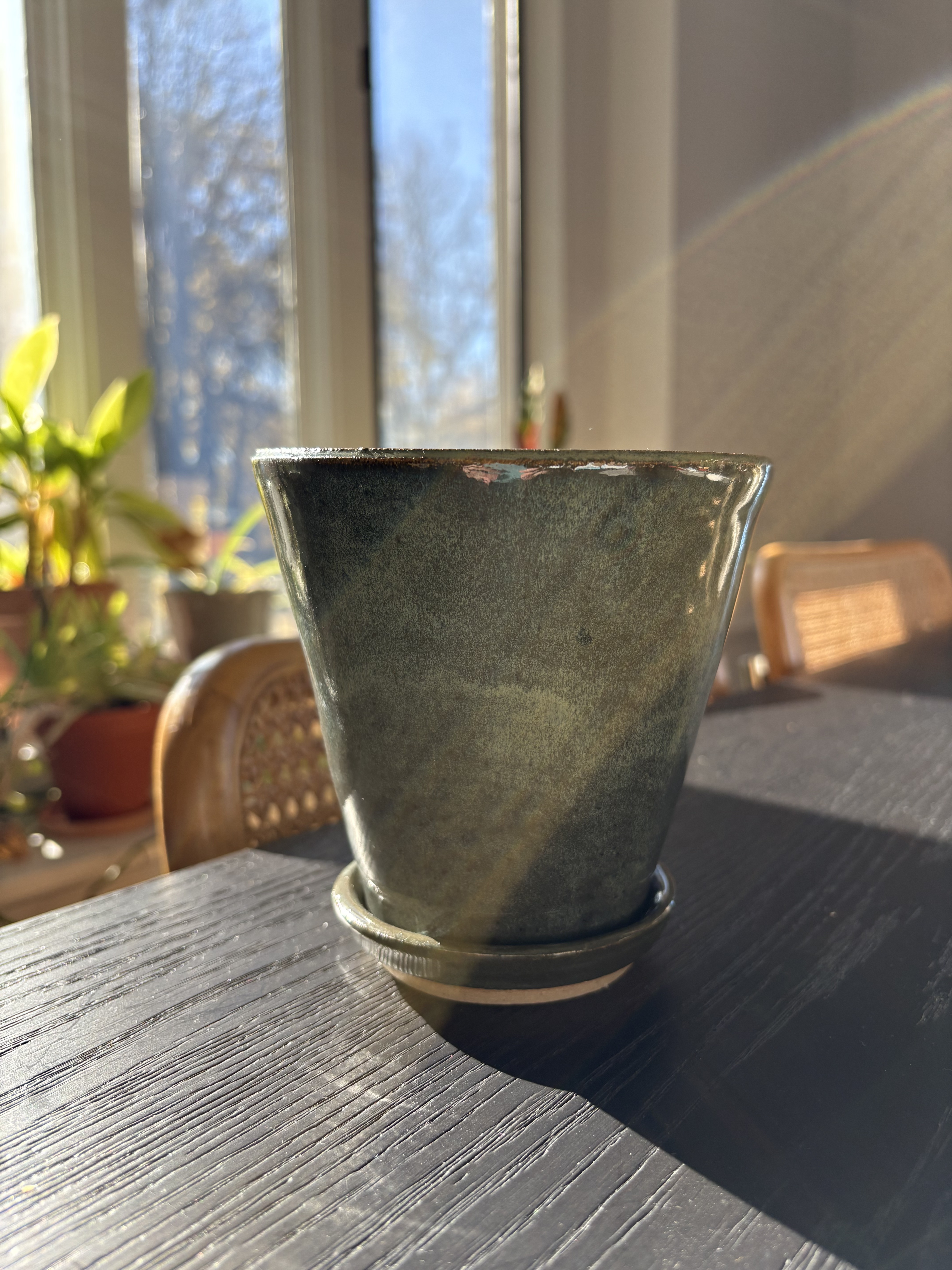 Handcrafted green glazed ceramic planter with saucer